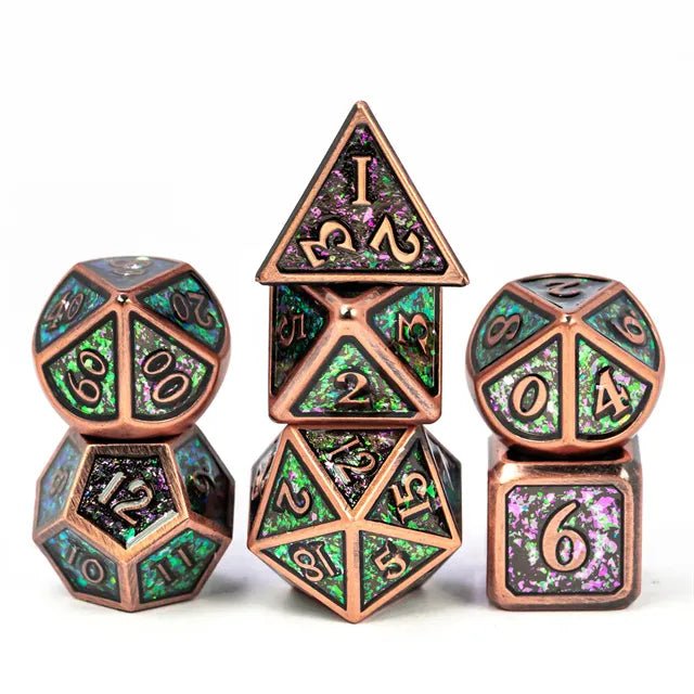 'Very Cool Dice' 7 Piece Metal Polyhedral Dice Set & Dice Case - Bea DnD Games