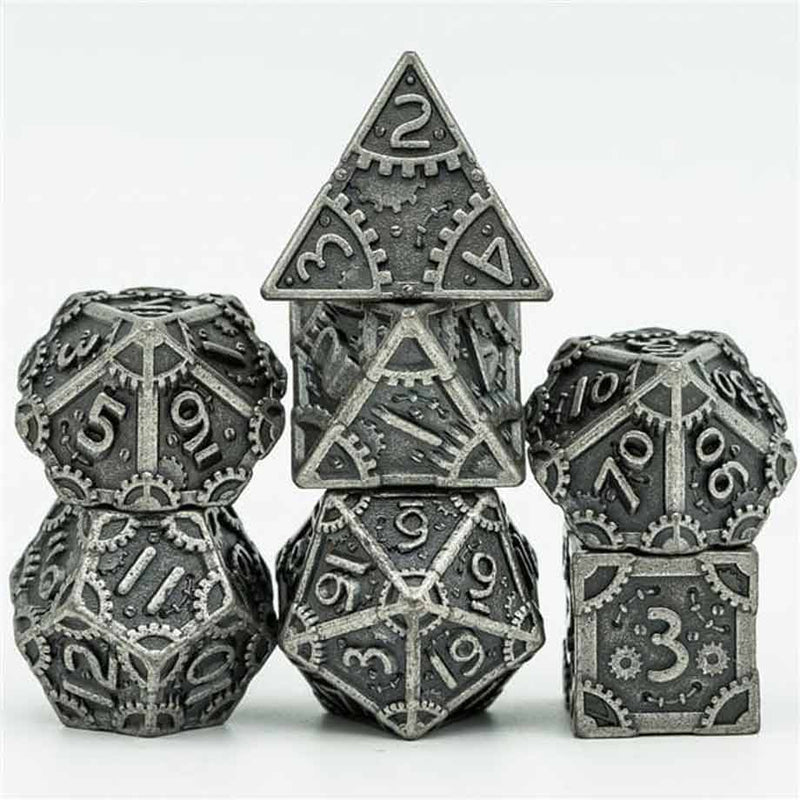 Warforged Warrior 7 Piece Metal Polyhedral Dice Set & Dice Case - Bea DnD Games