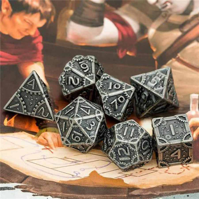 Warforged Warrior 7 Piece Metal Polyhedral Dice Set & Dice Case - Bea DnD Games