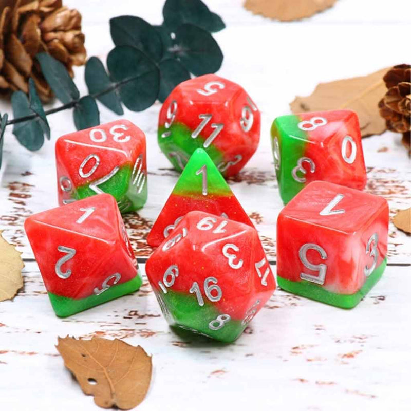 Watermelon Sorbet - 7 Piece Polyhedral Dice Set + Dice Bag - Bea DnD Games