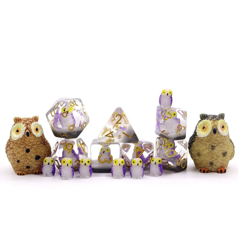 'What A Hoot' - 7 Piece Polyhedral Dice Set + Dice Bag - Bea DnD Games