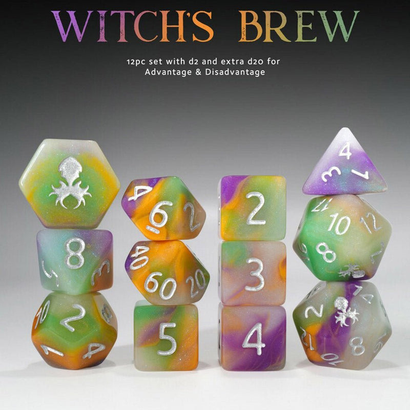 Witches Brew 12pc Glow in the Dark Dice Set by Kraken Dice + Dice Bag - Bea DnD Games