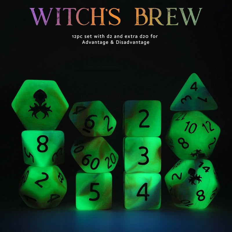 Witches Brew 12pc Glow in the Dark Dice Set by Kraken Dice + Dice Bag - Bea DnD Games